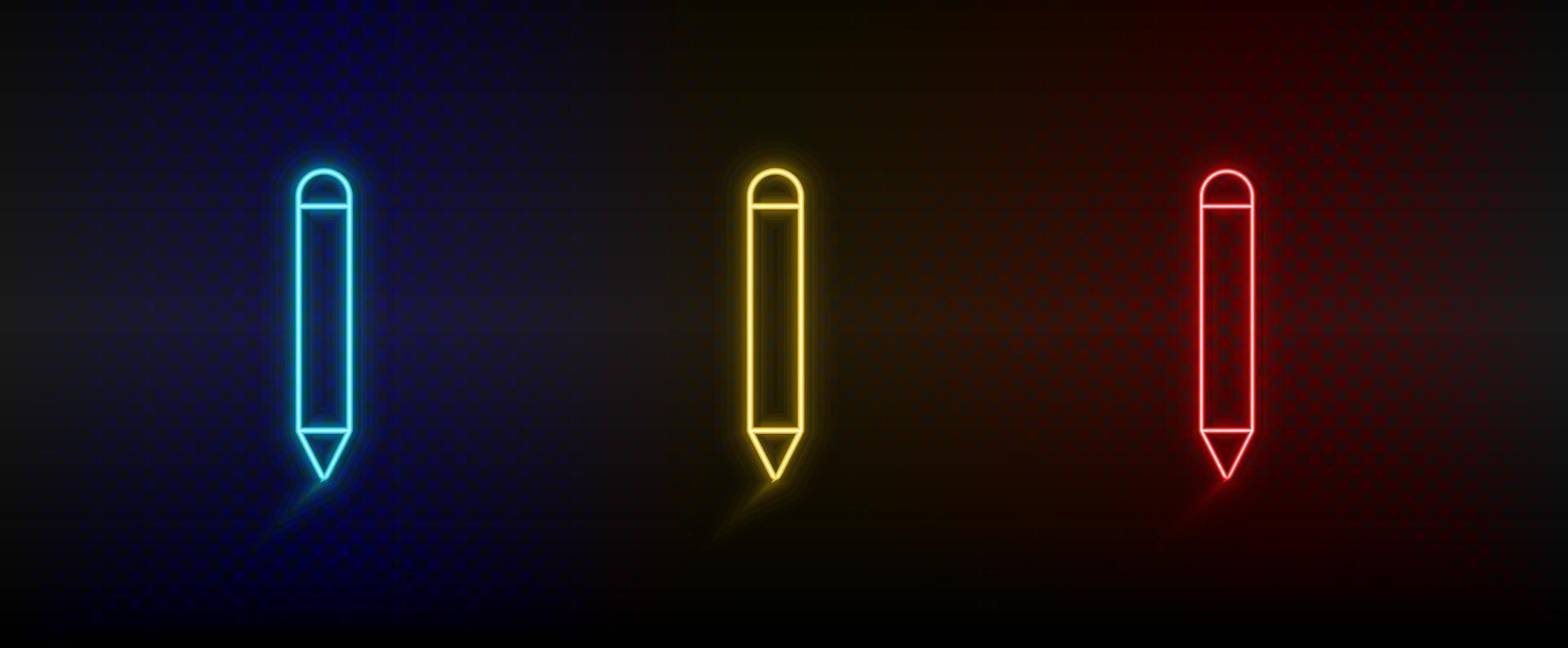 neon ikoner, penna. uppsättning av röd, blå, gul neon vektor ikon på mörkna transparent bakgrund