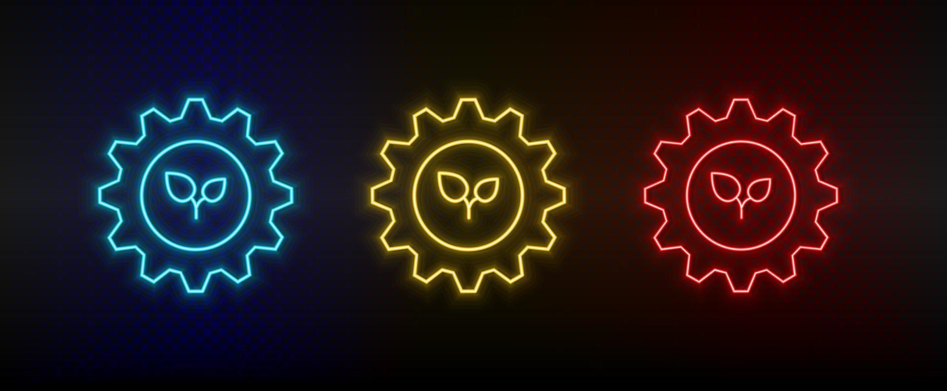 Neon- Symbol einstellen Einstellung, Öko, Pflanzen. einstellen von Rot, Blau, Gelb Neon- Vektor Symbol auf Transparenz dunkel Hintergrund