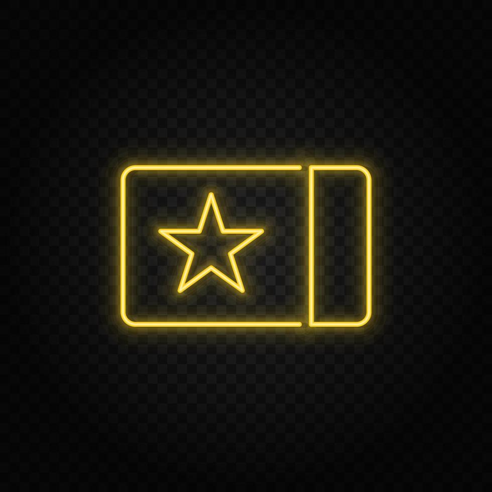 Gelb Neon- Symbol Karte, Kino, ticket.transparent Hintergrund. Gelb Neon- Vektor Symbol auf dunkel Hintergrund