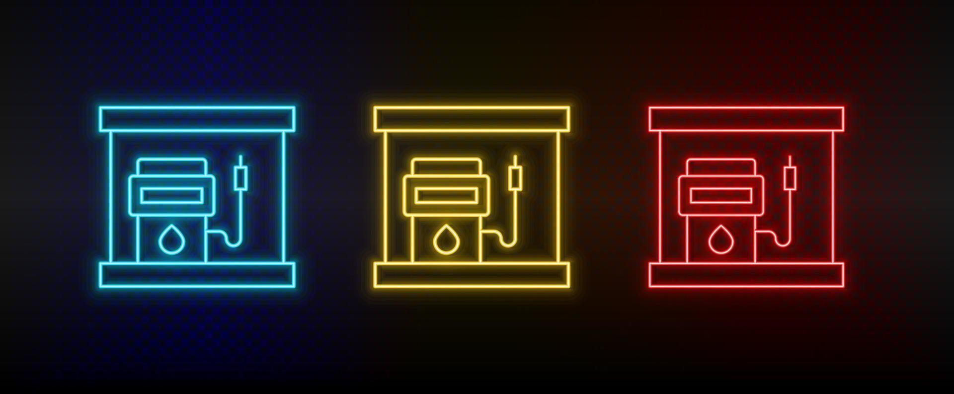 Neon- Symbol einstellen aufladen, Nachfüllung. einstellen von Rot, Blau, Gelb Neon- Vektor Symbol auf Transparenz dunkel Hintergrund