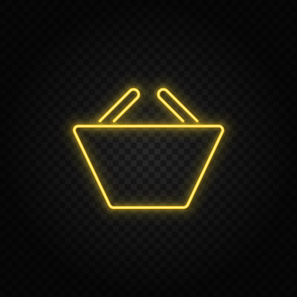 Gelb Neon- Symbol Korb, E-Commerce, shop.transparent Hintergrund. Gelb Neon- Vektor Symbol auf dunkel Hintergrund