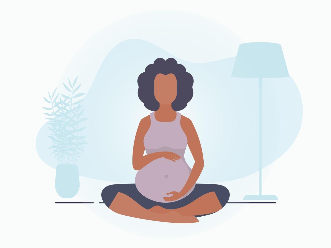 Yoga zum schwanger Frauen. aktiv Gut gebaut schwanger weiblich Charakter. Banner im Blau Farben zum Ihre Design. eben Vektor Illustration.