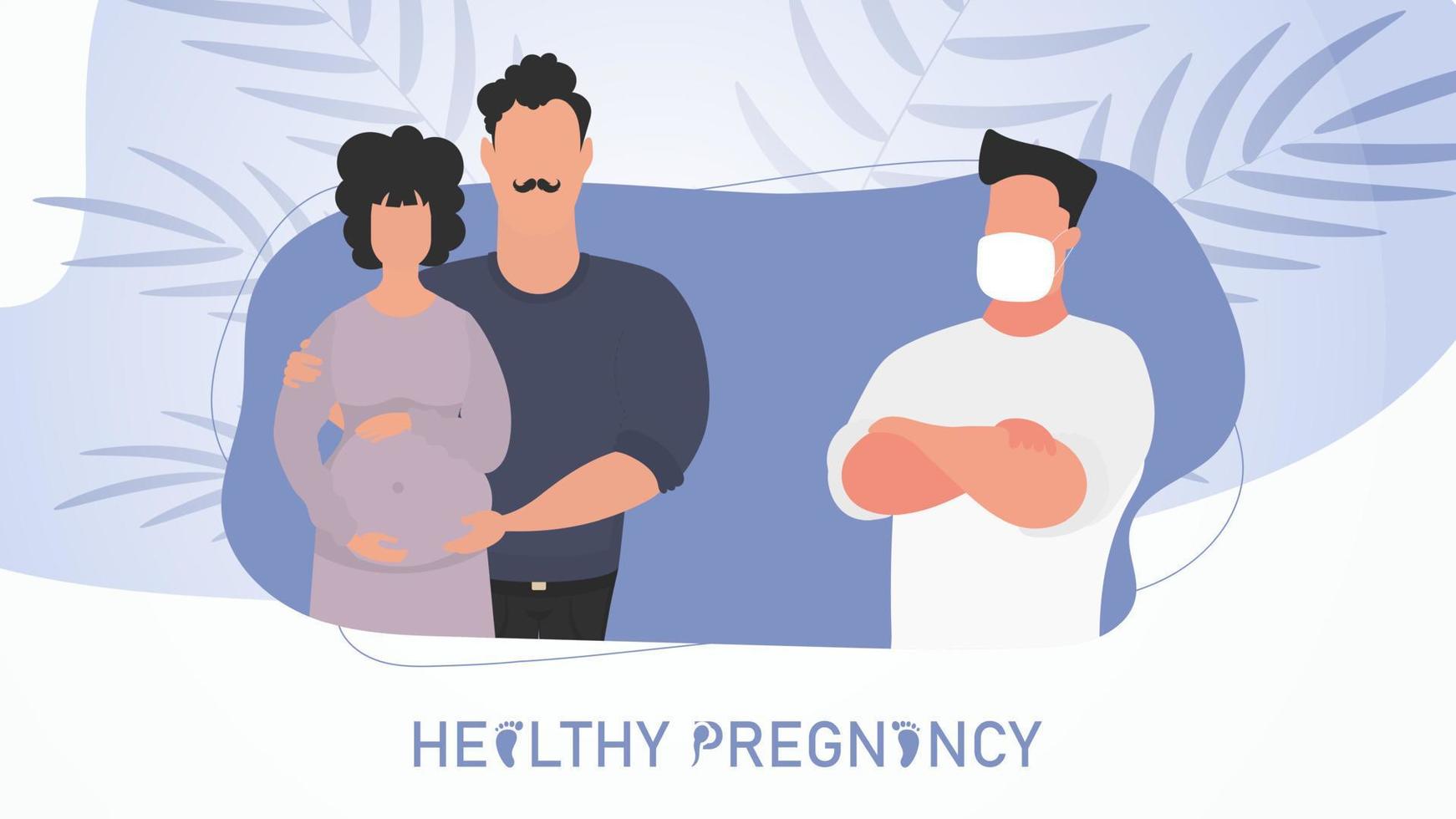 gesund Schwangerschaft Poster. ein verheiratet Paar beim ein Arzt Termin. Vektor Illustration.