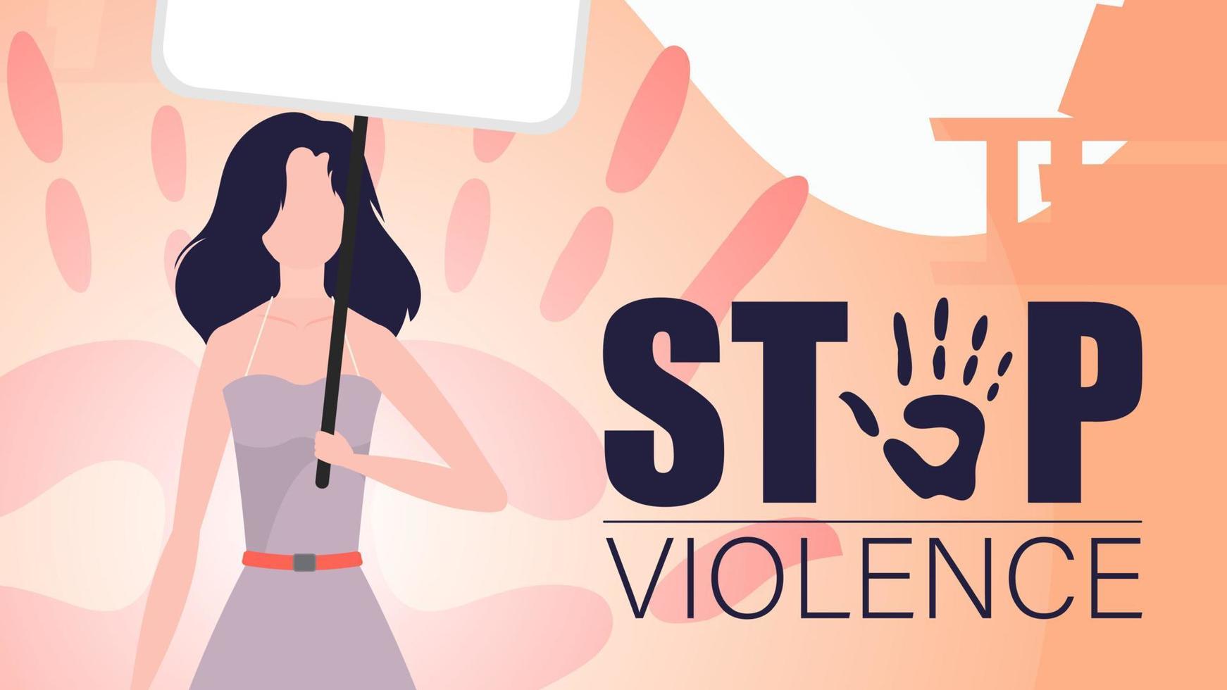 sluta våld mot kvinnor. en kvinna innehar en baner i henne händer. en stark kvinna protesterar mot våld. vektor illustration.