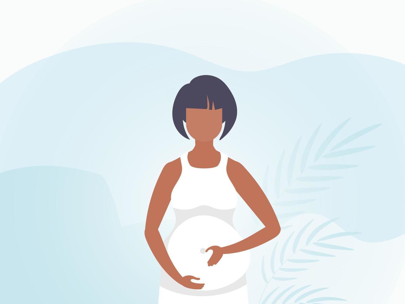 ein schwanger Frau hält ihr Hände auf ihr Magen. Banner im Blau Töne. Vektor Illustration.