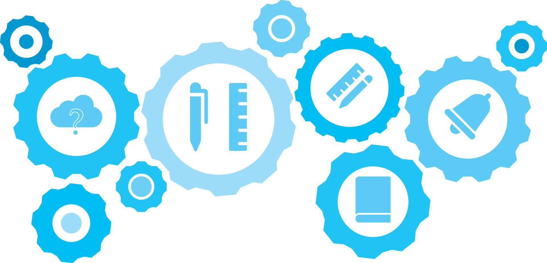 ansluten kugghjul och ikoner för logistik, service, frakt, distribution, transport, marknadsföra, kommunicera koncept, klocka redskap blå ikon uppsättning. leverans mekanism begrepp. på vit bakgrund vektor