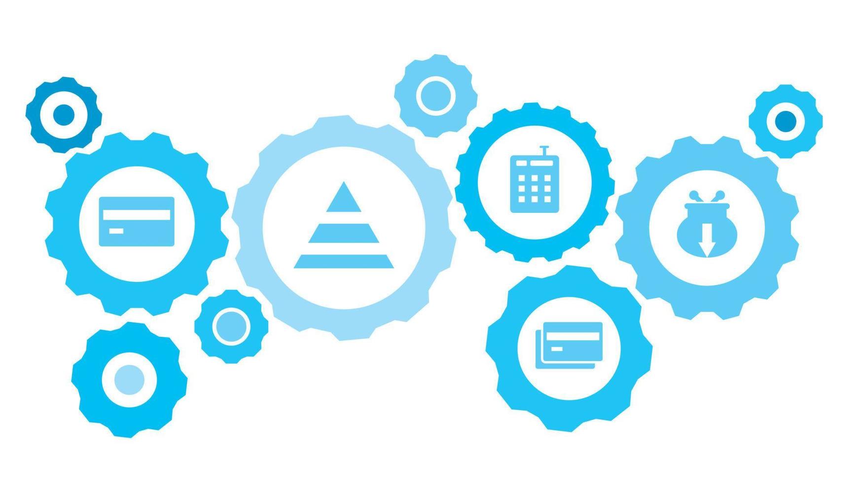 ansluten kugghjul och vektor ikoner för logistik, service, frakt, distribution, transport, marknadsföra, kommunicera begrepp. kontanter, pengar, nasse Bank redskap blå ikon uppsättning på vit bakgrund