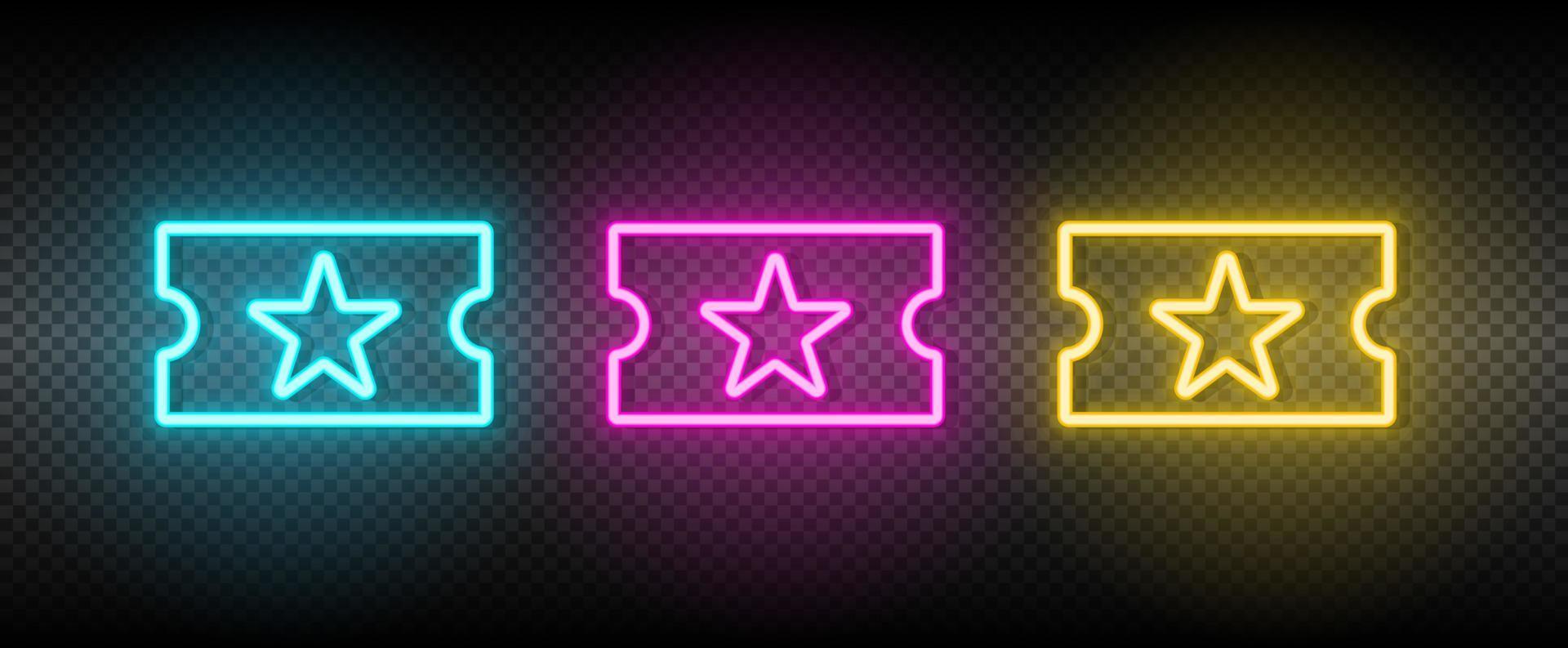 Kino, Party, Fahrkarte Neon- Vektor Symbol. Illustration Neon- Blau, Gelb, rot Symbol einstellen