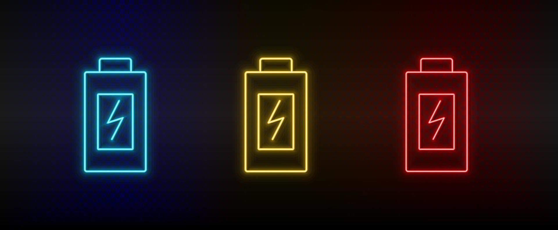 neon ikon uppsättning batteri, laddning. uppsättning av röd, blå, gul neon vektor ikon på genomskinlighet mörk bakgrund