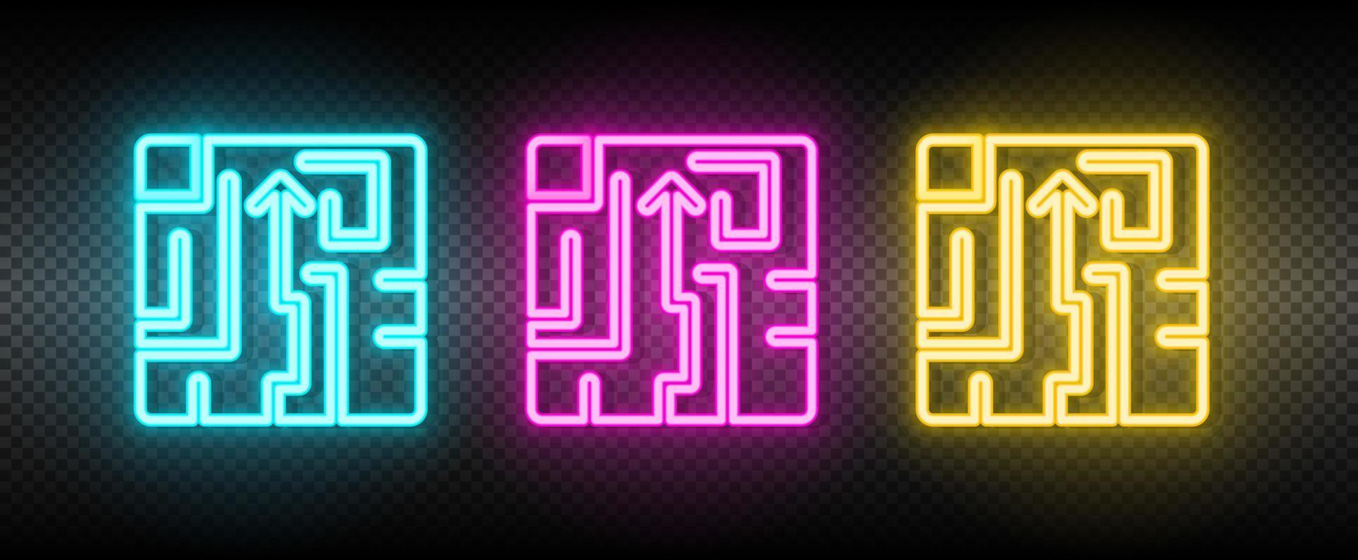 Labyrinth, Puzzle, Strategie Neon- Vektor Symbol. Illustration Neon- Blau, Gelb, rot Symbol einstellen