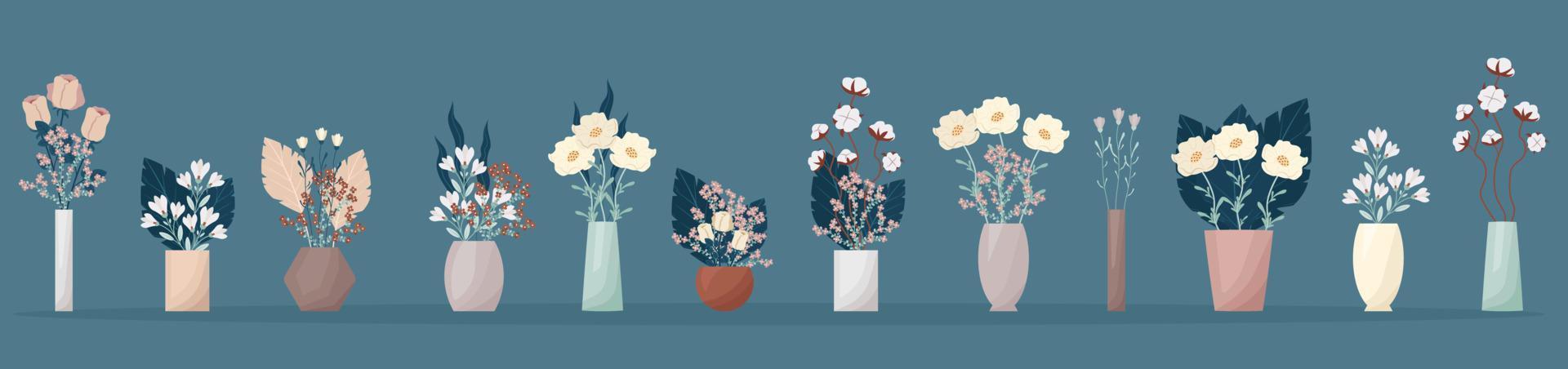 en stor uppsättning av blommor i boho stil vaser. sammansättning av blommor vektor illustration. buketter av trikåer, bomull, olika dekorativ löv och kvistar