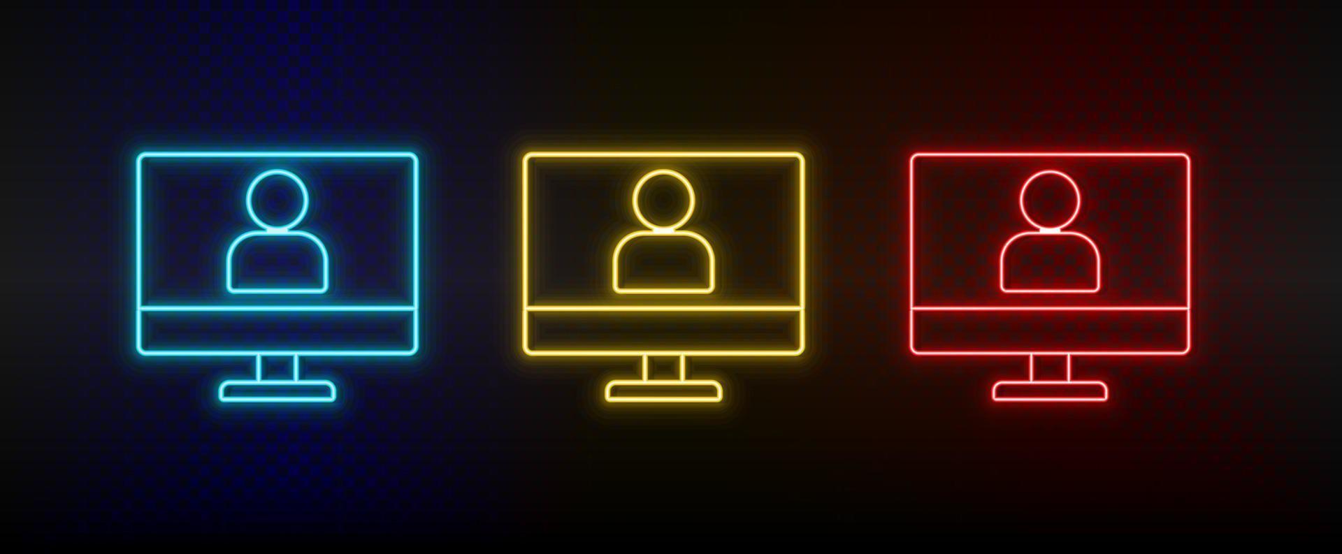 Neon- Symbole, online, Ausbildung, Benutzerbild. einstellen von Rot, Blau, Gelb Neon- Vektor Symbol auf verdunkeln transparent Hintergrund