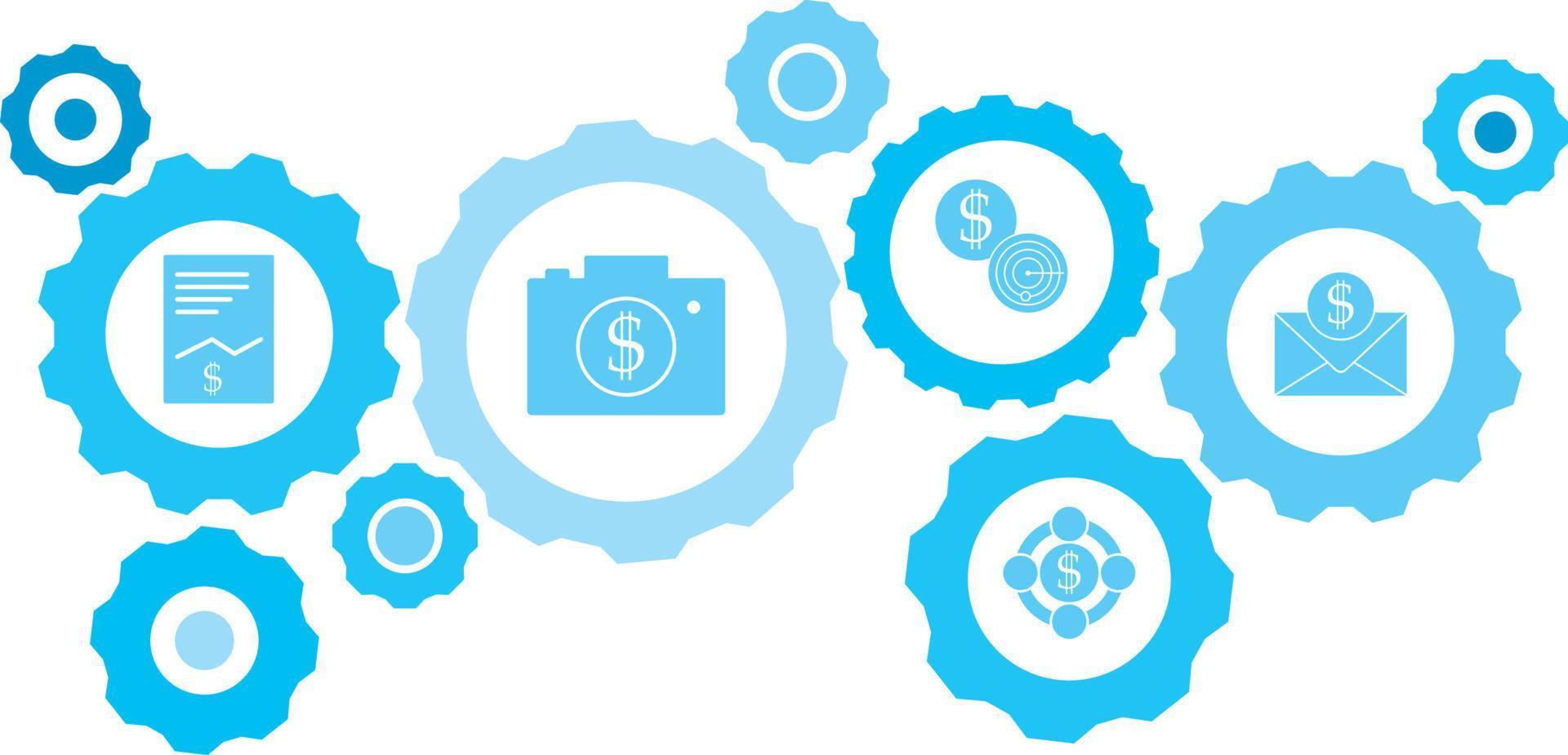 ansluten kugghjul och vektor ikoner för logistik, service, frakt, distribution, transport, marknadsföra, kommunicera begrepp. redskap blå ikon sätta klimatet, moln .