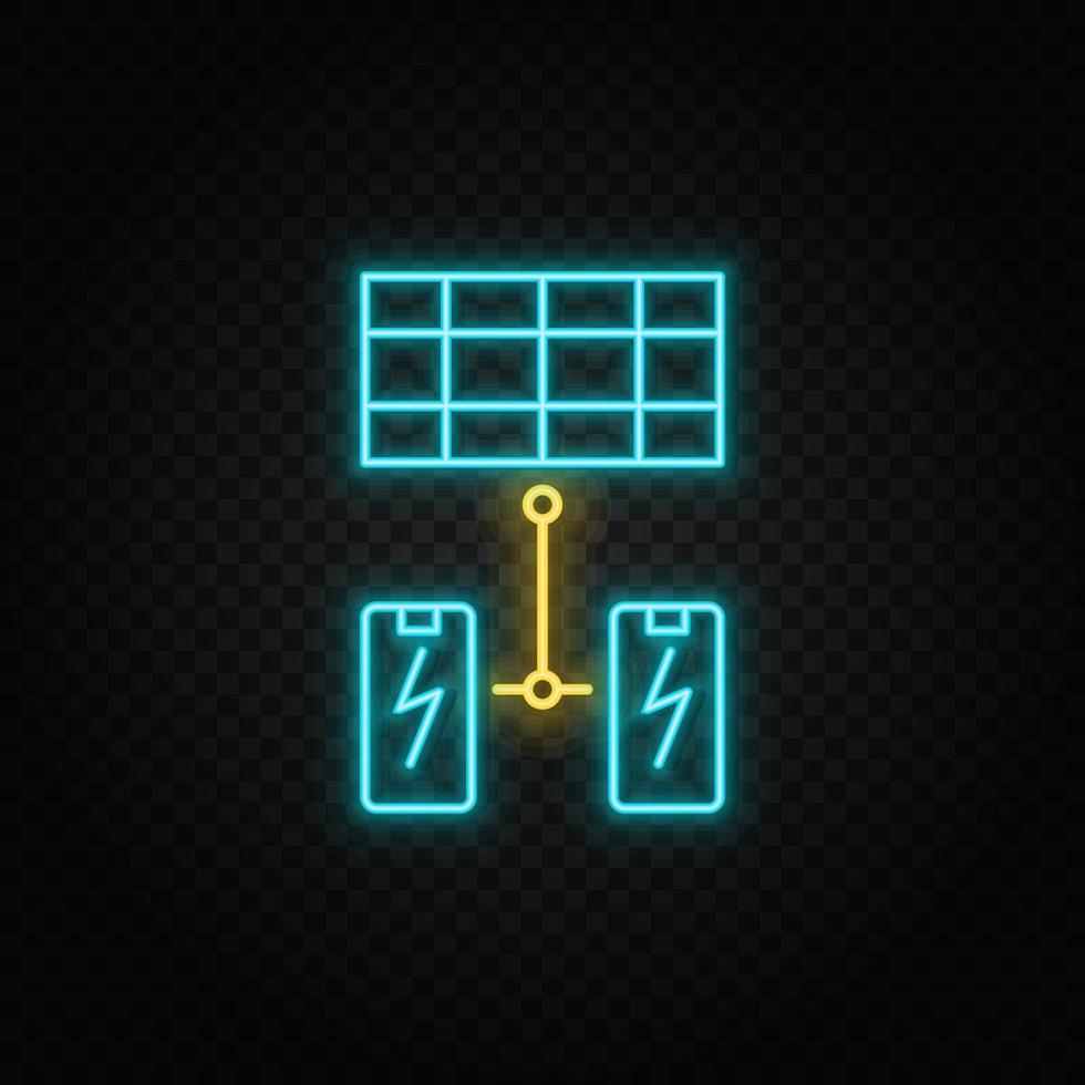 Solar, Batterie Neon- Vektor Symbol. Blau und Gelb Neon- Vektor Symbol. Vektor transparent Hintergrund