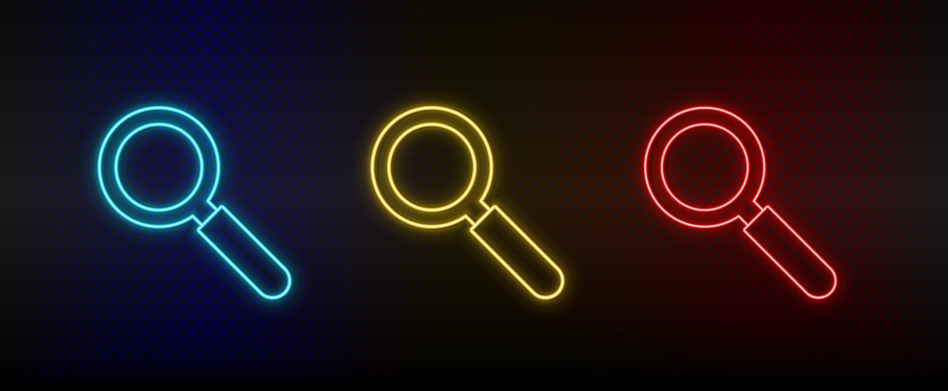 neon ikoner, Sök, lupp. uppsättning av röd, blå, gul neon vektor ikon på mörkna transparent bakgrund