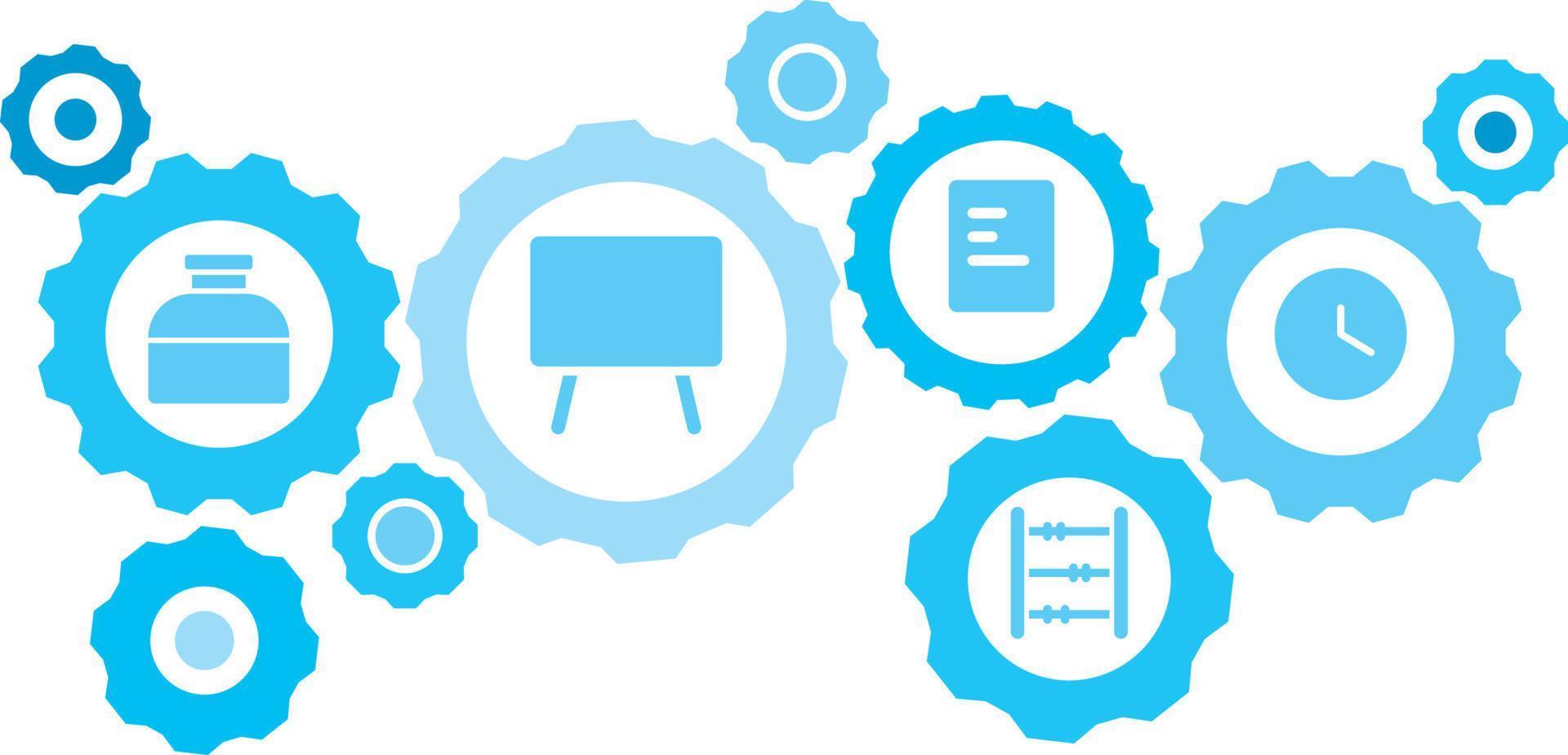 ansluten kugghjul och ikoner för logistik, service, frakt, distribution, transport, marknadsföra, kommunicera koncept, klocka redskap blå ikon uppsättning. leverans mekanism begrepp. på vit bakgrund vektor