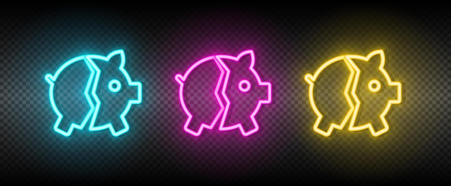Bank, gebrochen, Schweinchen Neon- Vektor Symbol. Illustration Neon- Blau, Gelb, rot Symbol einstellen
