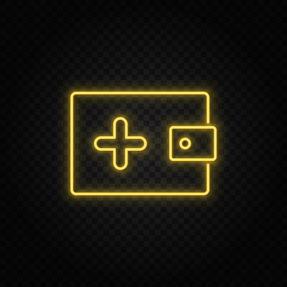 Gelb Neon- Symbol hinzufügen, Geld, brieftasche.transparent Hintergrund. Gelb Neon- Vektor Symbol auf dunkel Hintergrund