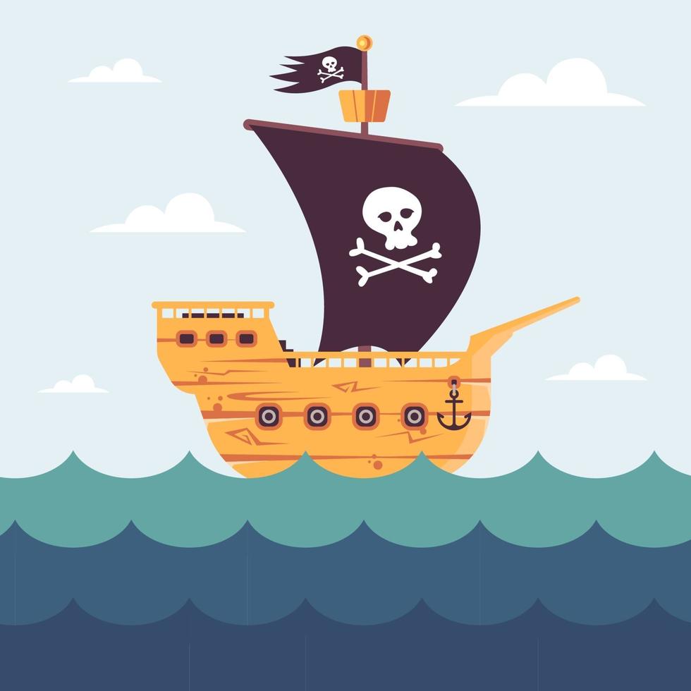 Piratenschiff im offenen Ozean. Schädel auf einer schwarzen Flagge. flache Vektorillustration. vektor