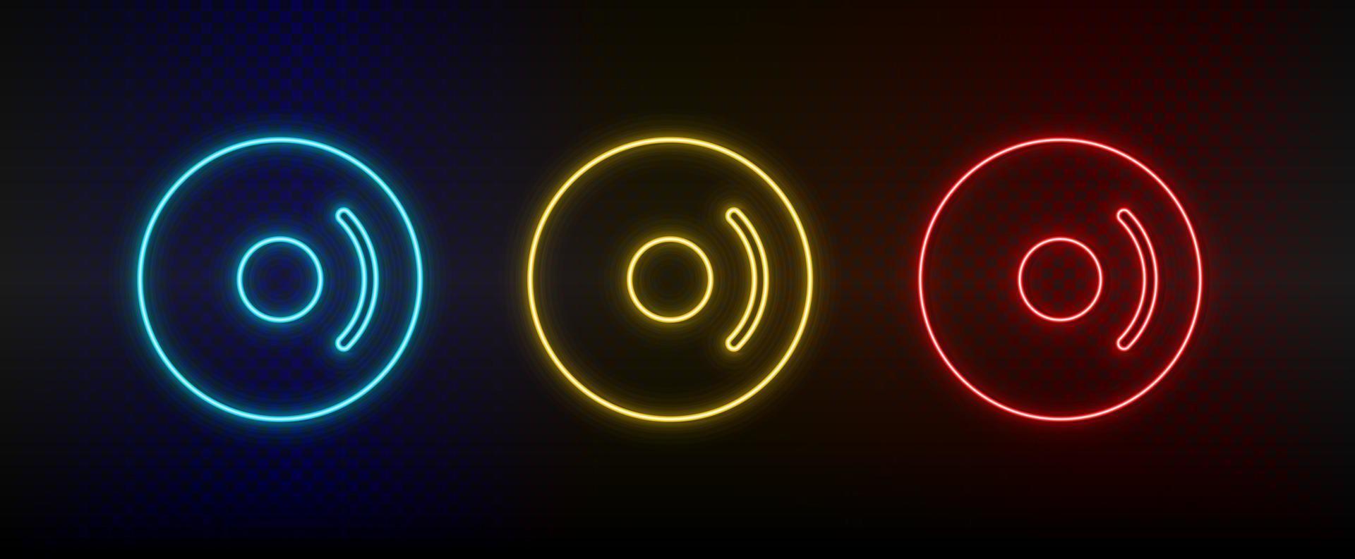 neon ikoner, CD, disk, dvd. uppsättning av röd, blå, gul neon vektor ikon på mörkna transparent bakgrund