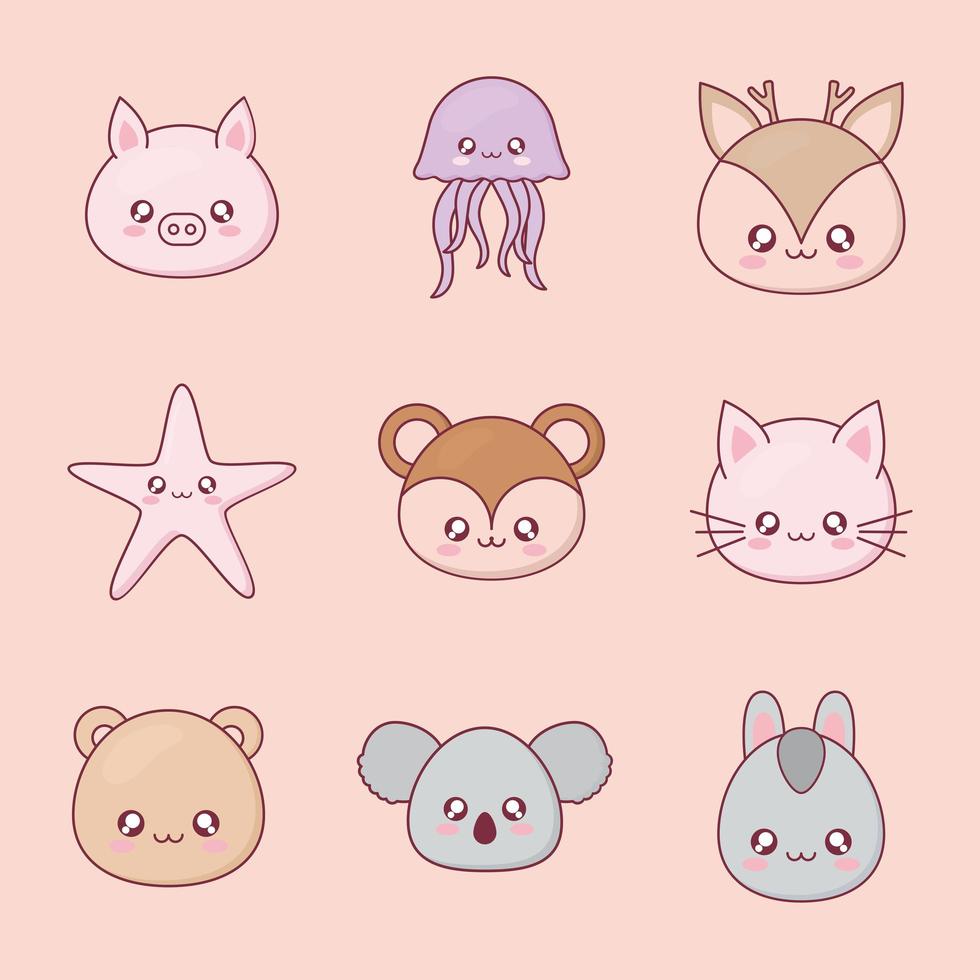 kawaii Tier Cartoon Icon Set vektor