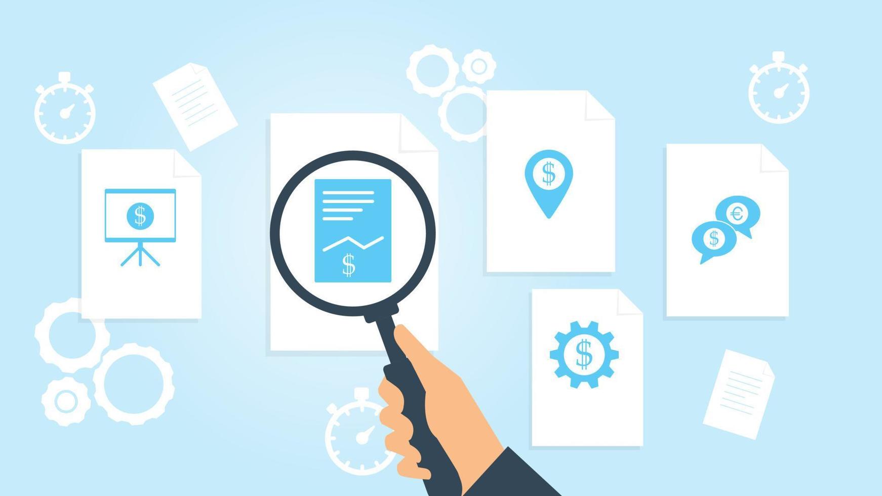 diskussion, dollar ,euro fil, dokumentera forskning vektor illustrationsdokument med Sök ikoner. fil och förstorande glas. analys forskning tecken. vektor illustration på vit bakgrund