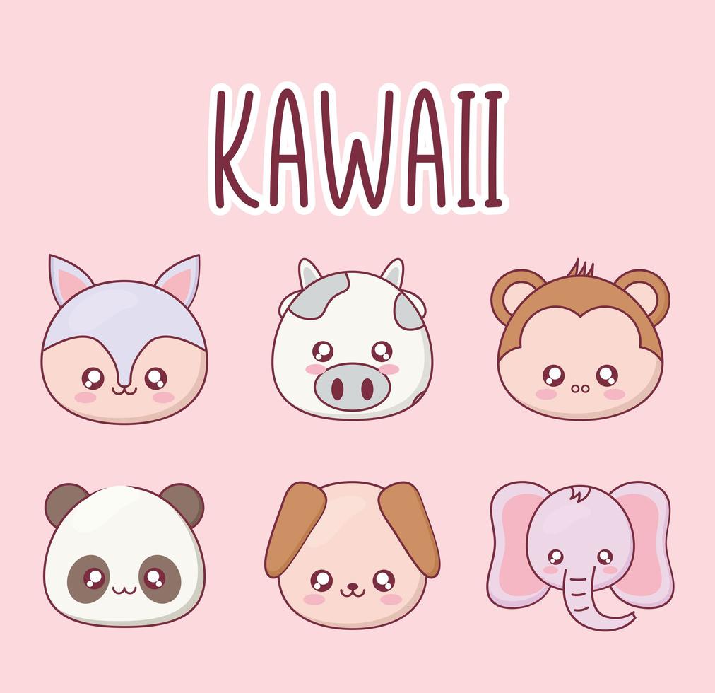 kawaii djur tecknad ikonuppsättning vektor