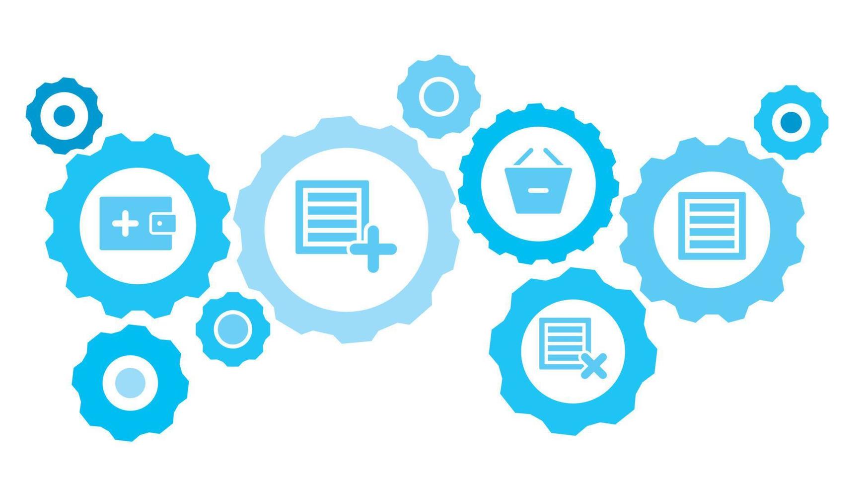 in Verbindung gebracht Getriebe und Vektor Symbole zum Logistik, Service, Versand, Verteilung, Transport, Markt, kommunizieren Konzepte. Box Ausrüstung Blau Symbol einstellen auf Weiß Hintergrund