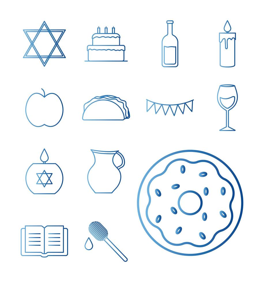 Hanukkah och judisk gradient stil ikonuppsättning vektor