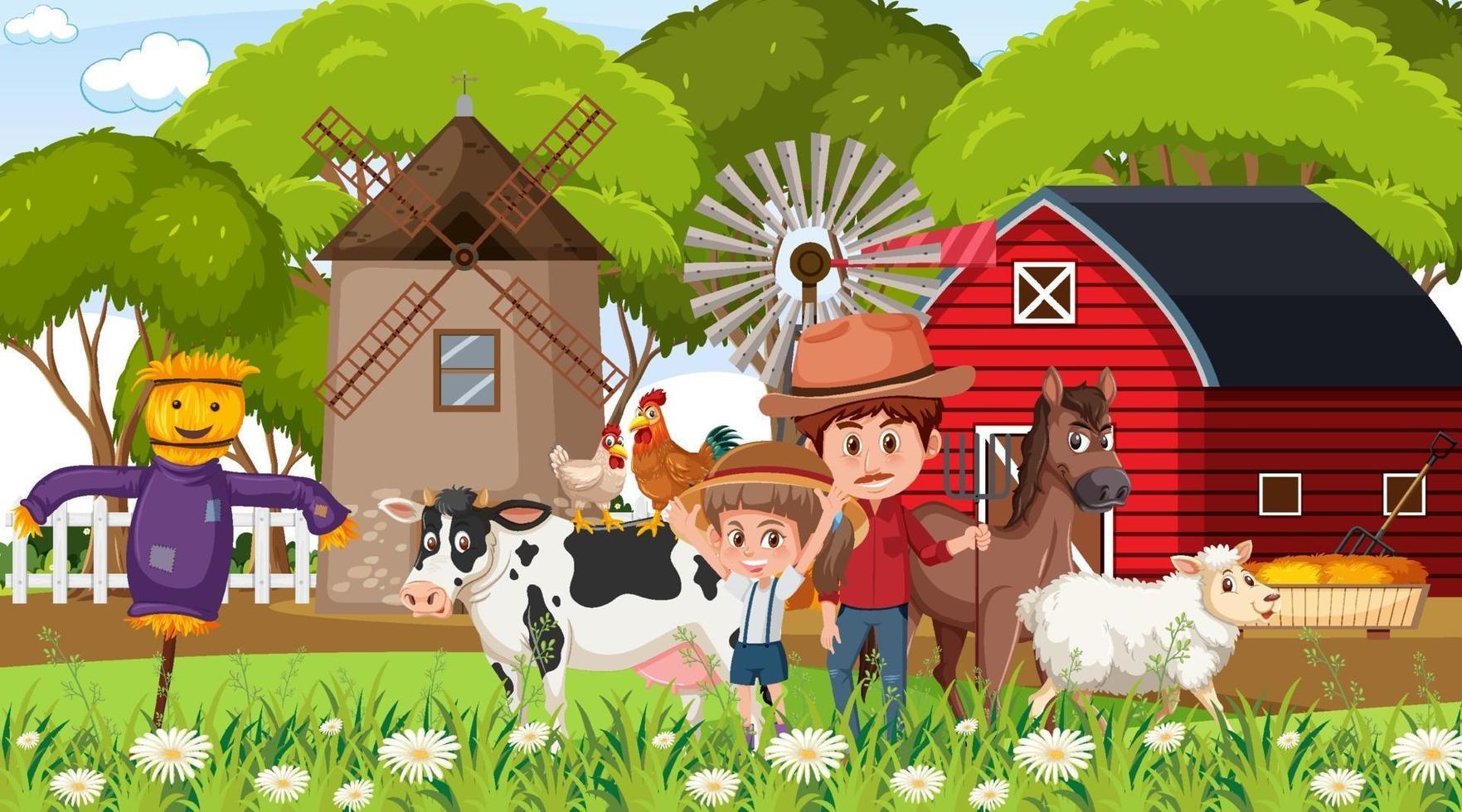 Bauernhofszene mit vielen Kinderzeichentrickfiguren und Nutztieren vektor