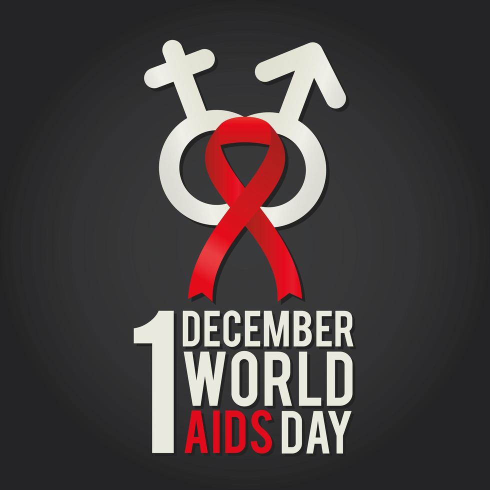 1. Dezember Welt Aids Day Schriftzug mit Band und Geschlechtssymbolen vektor
