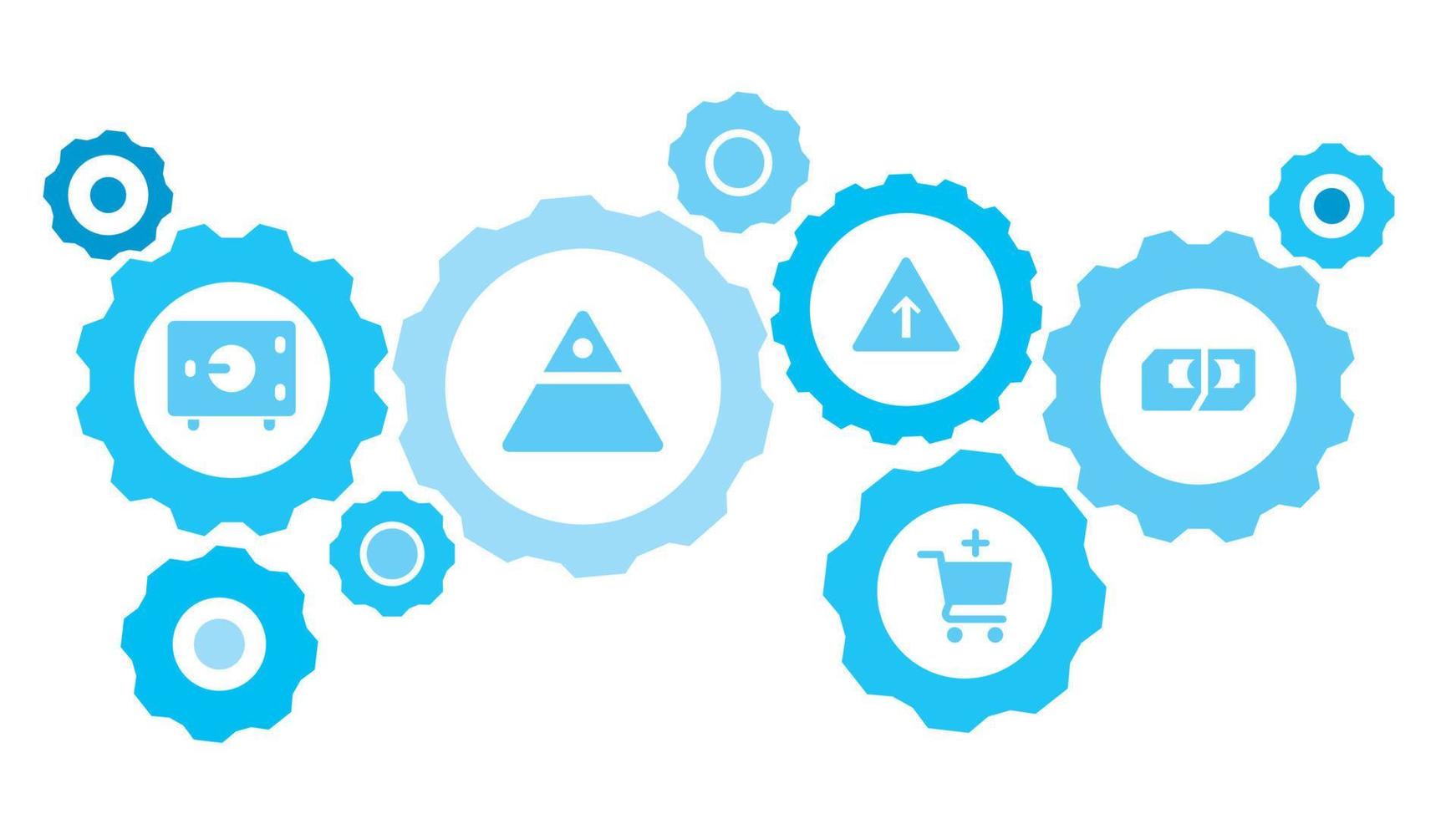 ansluten kugghjul och vektor ikoner för logistik, service, frakt, distribution, transport, marknadsföra, kommunicera begrepp. deposition, pengar, kassaskåp redskap blå ikon uppsättning på vit bakgrund