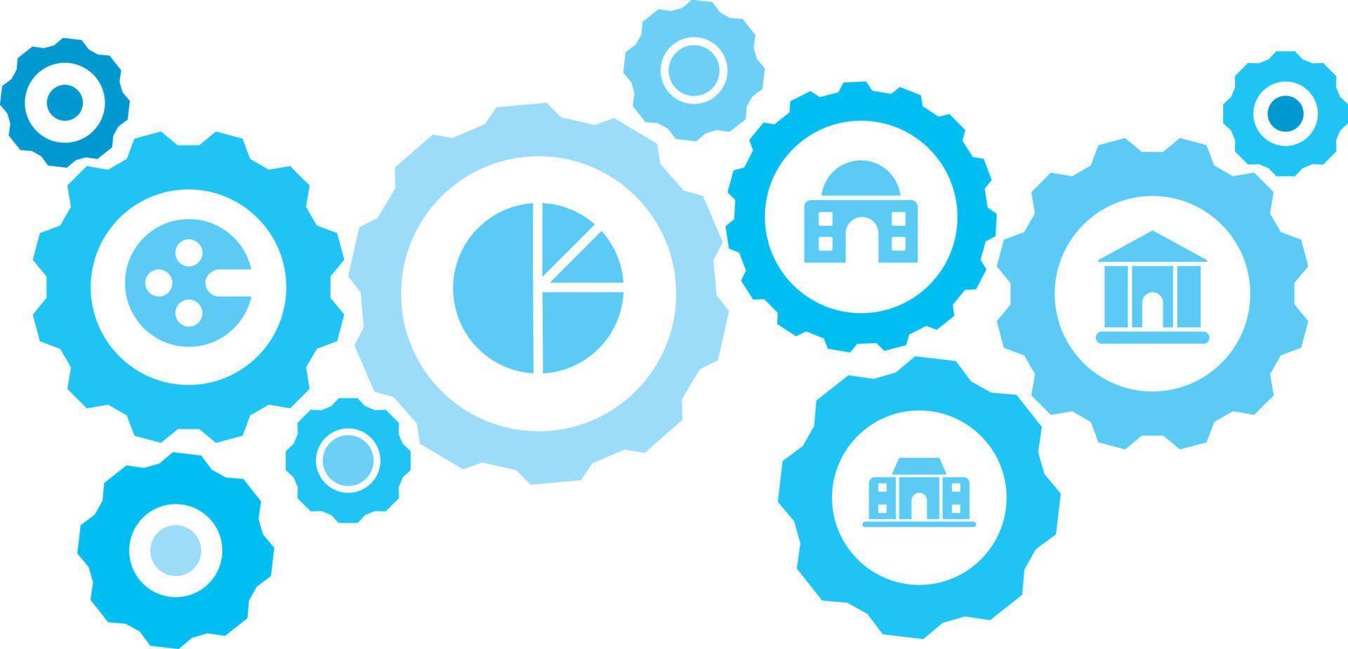 in Verbindung gebracht Getriebe und Symbole zum Logistik, Service, Versand, Verteilung, Transport, Markt, kommunizieren Konzepte, Gebäude, Hochschule Ausrüstung Blau Symbol Satz. Lieferung Mechanismus Konzept. auf Weiß Hintergrund vektor