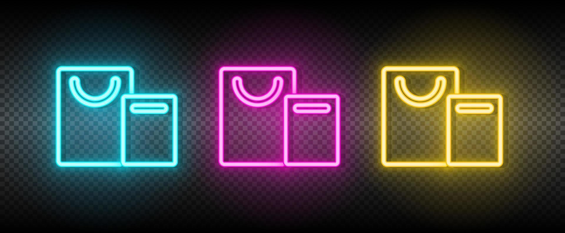 Taschen, Einkaufen Neon- Vektor Symbol. Illustration Neon- Blau, Gelb, rot Symbol einstellen