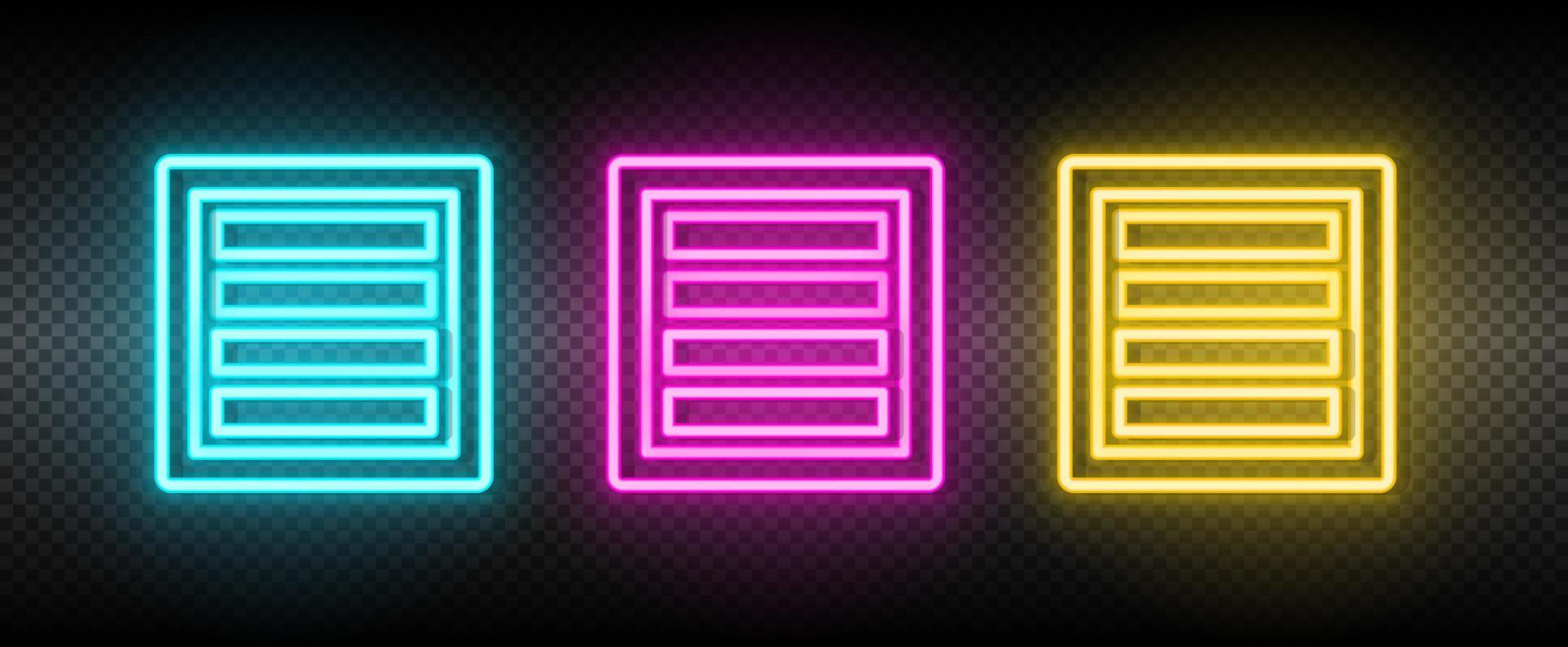 Box Neon- Vektor Symbol. Illustration Neon- Blau, Gelb, rot Symbol einstellen