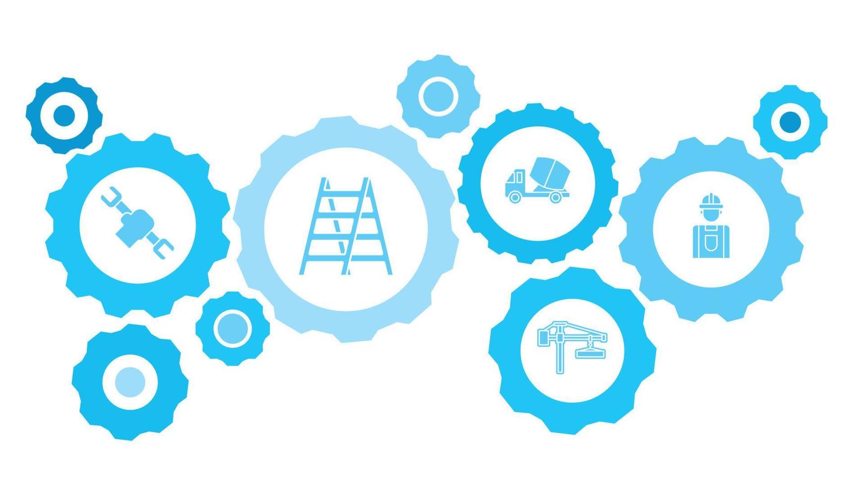 in Verbindung gebracht Getriebe und Vektor Symbole zum Logistik, Service, Versand, Verteilung, Transport, Markt, kommunizieren Konzepte. Gebäude, Konstruktion, Industrie, Arbeiter Ausrüstung Blau Symbol einstellen auf Weiß Hintergrund