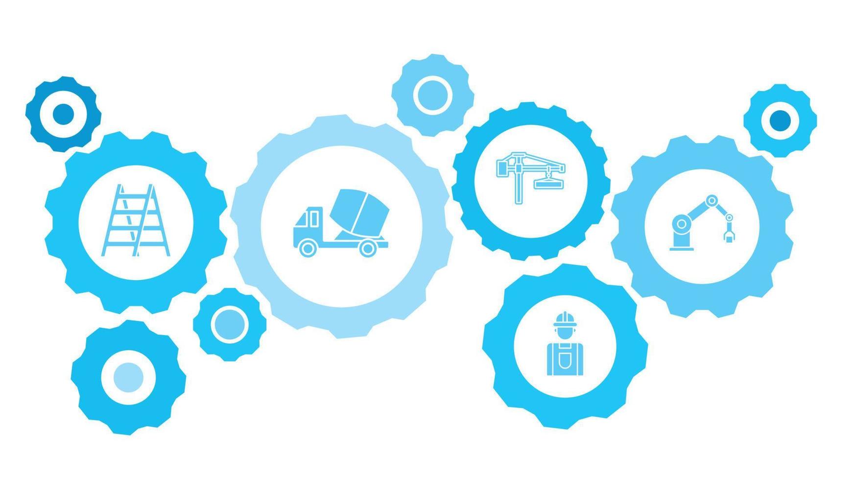 ansluten kugghjul och vektor ikoner för logistik, service, frakt, distribution, transport, marknadsföra, kommunicera begrepp. byggnad, konstruktion, industri, robot redskap blå ikon uppsättning på vit bakgrund