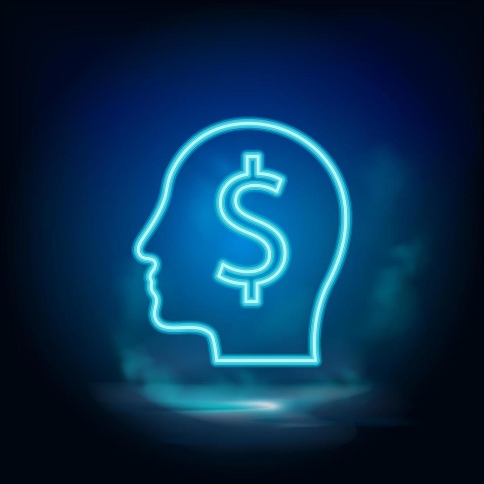 mänsklig sinne, finansiera, pengar neon vektor ikon. blå neon, företag neon vektor ikon. vektor bakgrund