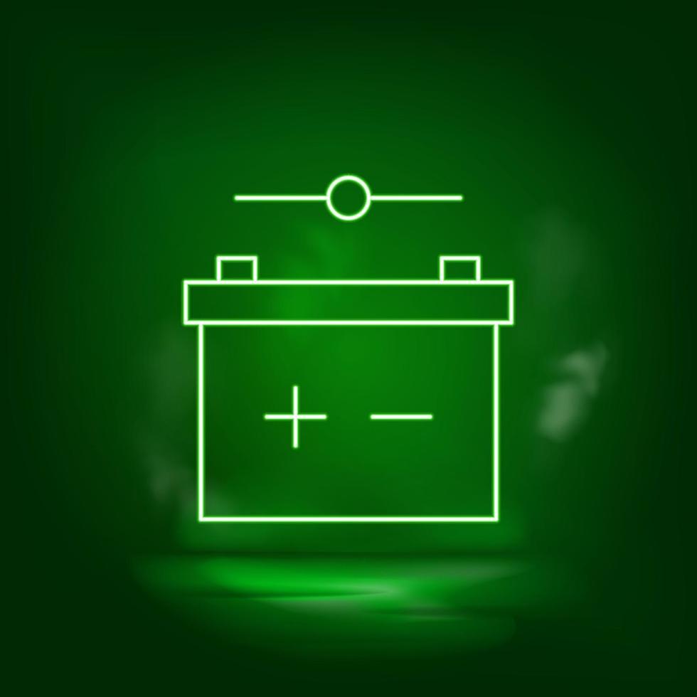 Batterie, Kontakt Neon- Vektor Symbol. speichern das Welt, Grün Neon, Grün Hintergrund