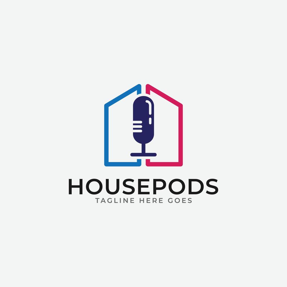 minimalis hus och mikrofon logotyp design. hus podcast logotyp mall. vektor