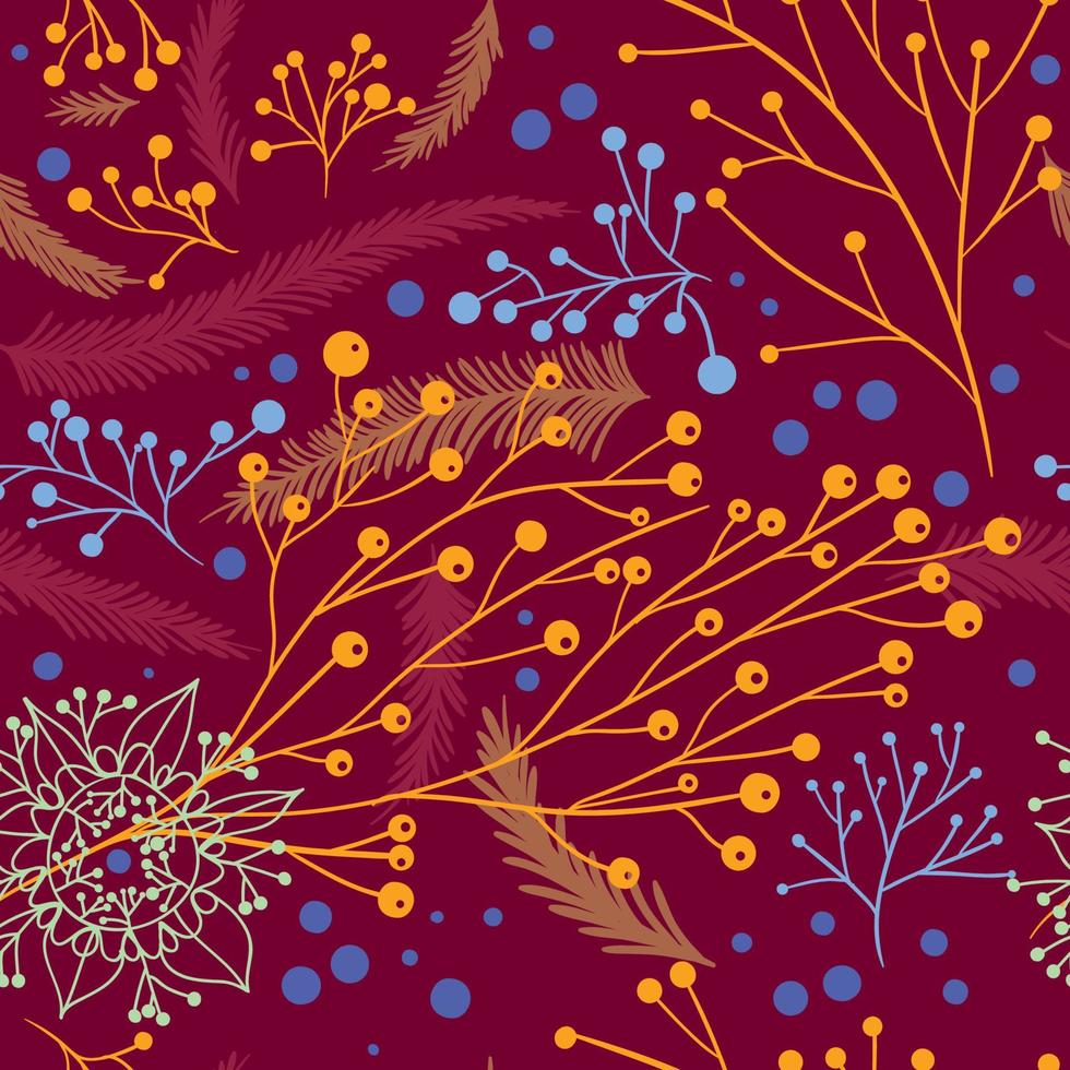 nahtlos linear Muster mit Geäst mit Beeren, Eberesche, Viburnum auf dunkel rot Hintergrund. Vektor Illustration