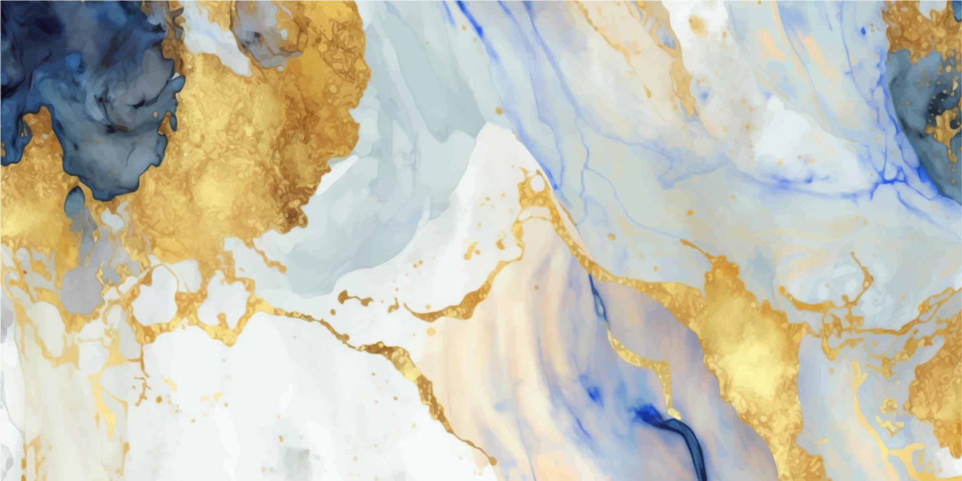 abstrakt Blau Flüssigkeit Aquarell Hintergrund mit golden Staub. Marmor Alkohol Tinte Zeichnung Wirkung. Vektor Illustration Design Vorlage zum Hochzeit Einladung, Speisekarte, RSVP, Banner.