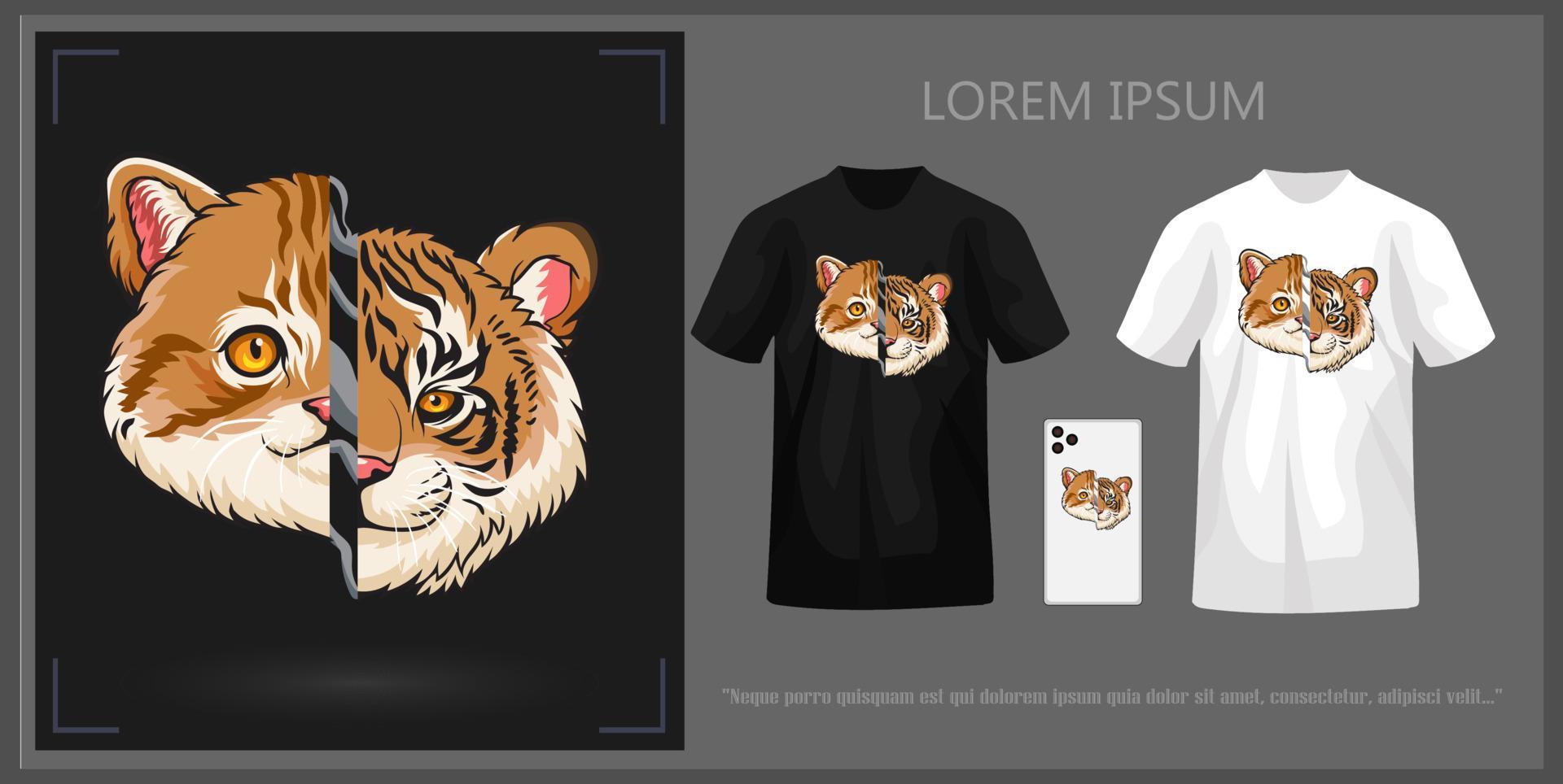 t-shirt design terar en kattens huvud och en tigers huvud, komplett med mockup. vektor