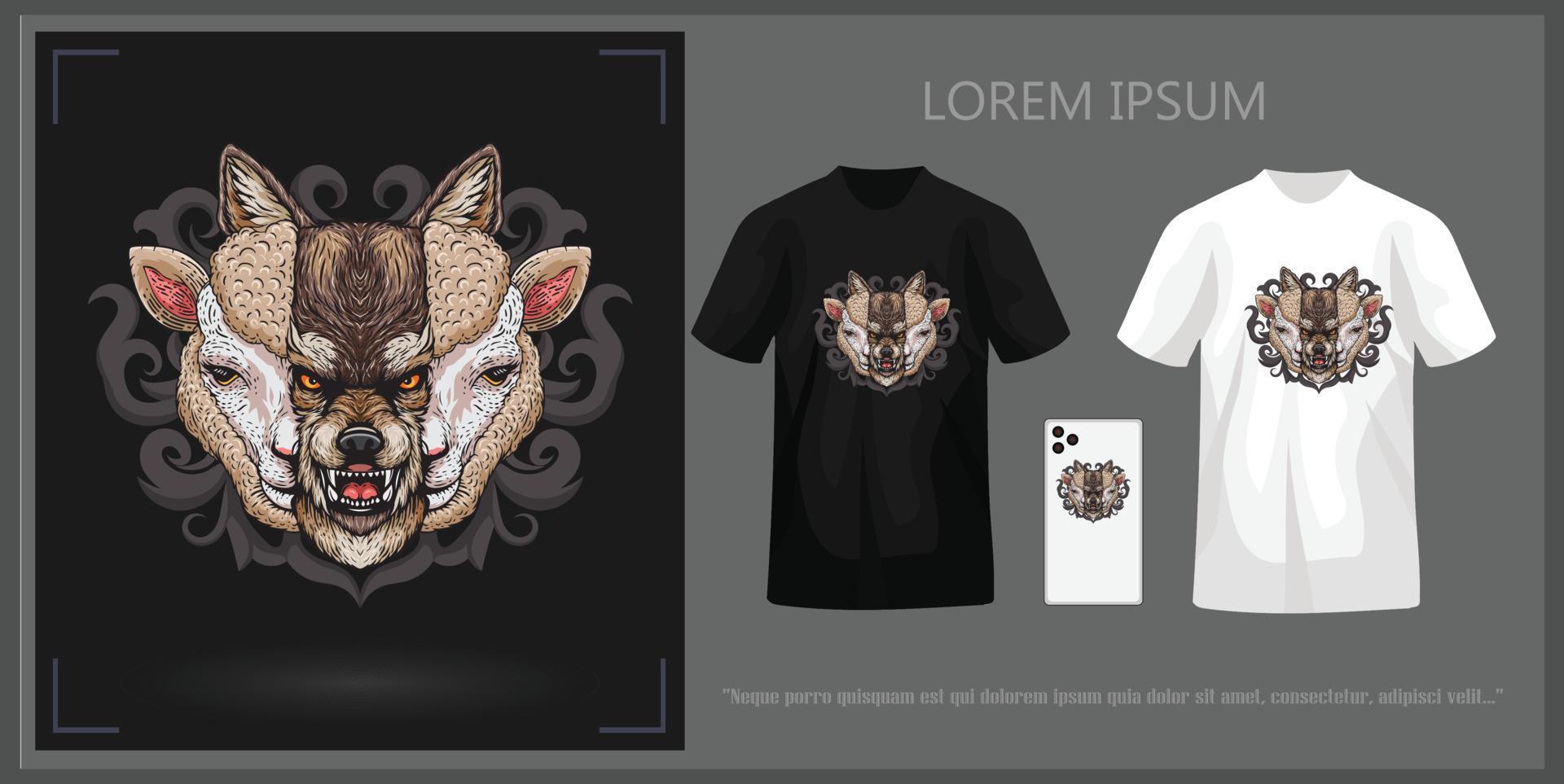 T-Shirt Design mit ein Wolfs Kopf hinter ein Schafe Kopf, Komplett mit Attrappe, Lehrmodell, Simulation. vektor