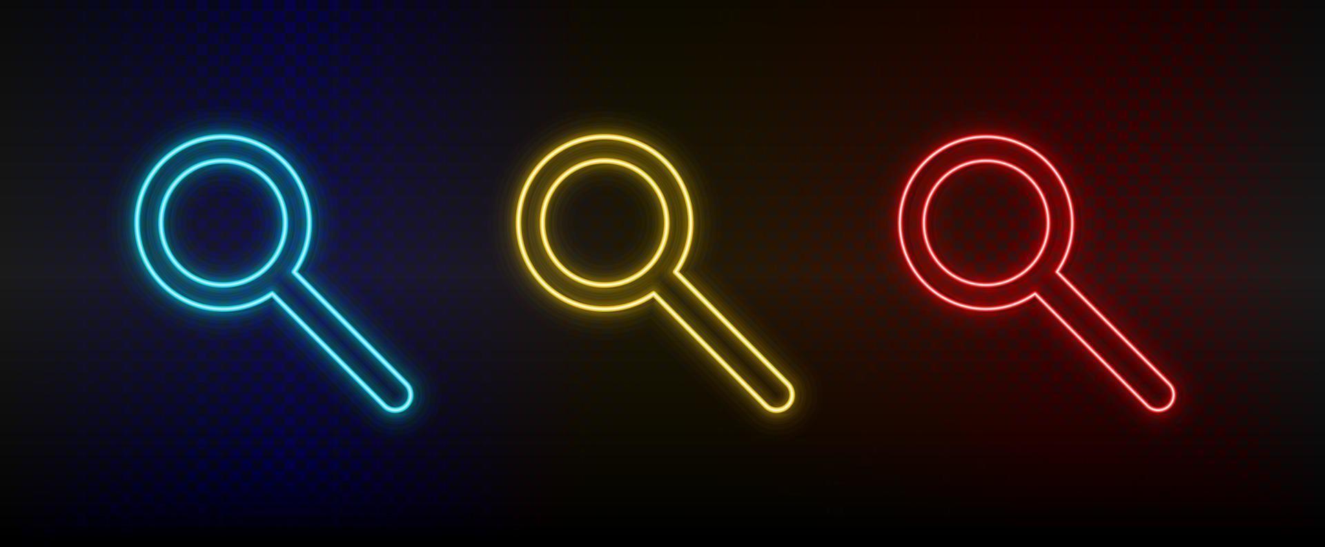 neon ikoner, Sök, lupp. uppsättning av röd, blå, gul neon vektor ikon på mörkna transparent bakgrund