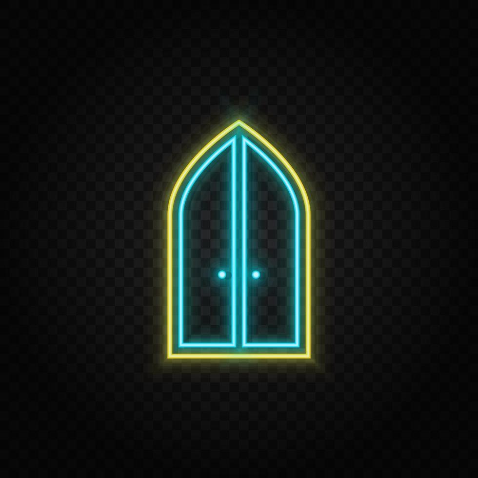 kyrka, dörr, ikon neon ikon. blå och gul neon vektor ikon. transparent bakgrund