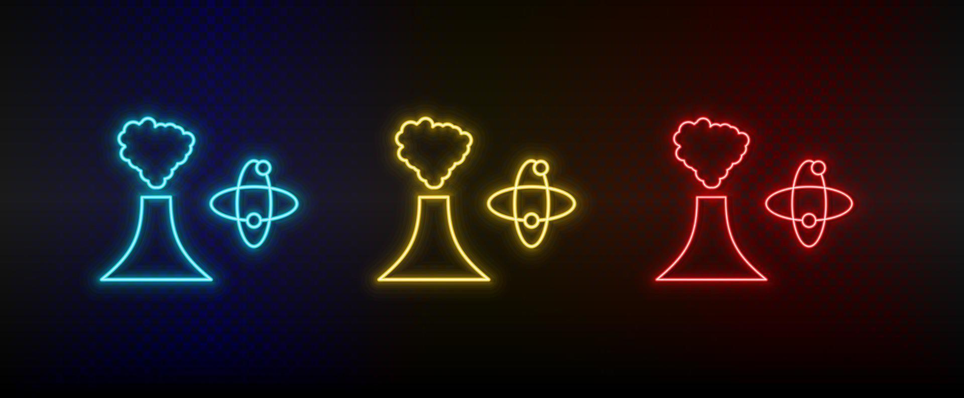 Neon- Symbol einstellen Gebäude, Vulkan, Atom. einstellen von Rot, Blau, Gelb Neon- Vektor Symbol auf Transparenz dunkel Hintergrund