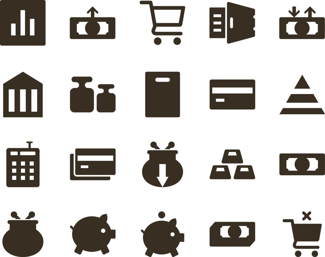 pengar och finansiera ikon uppsättning, handla, korg, ta bort. investering, bank, pengar och finansiera ikoner på vit bakgrund vektor