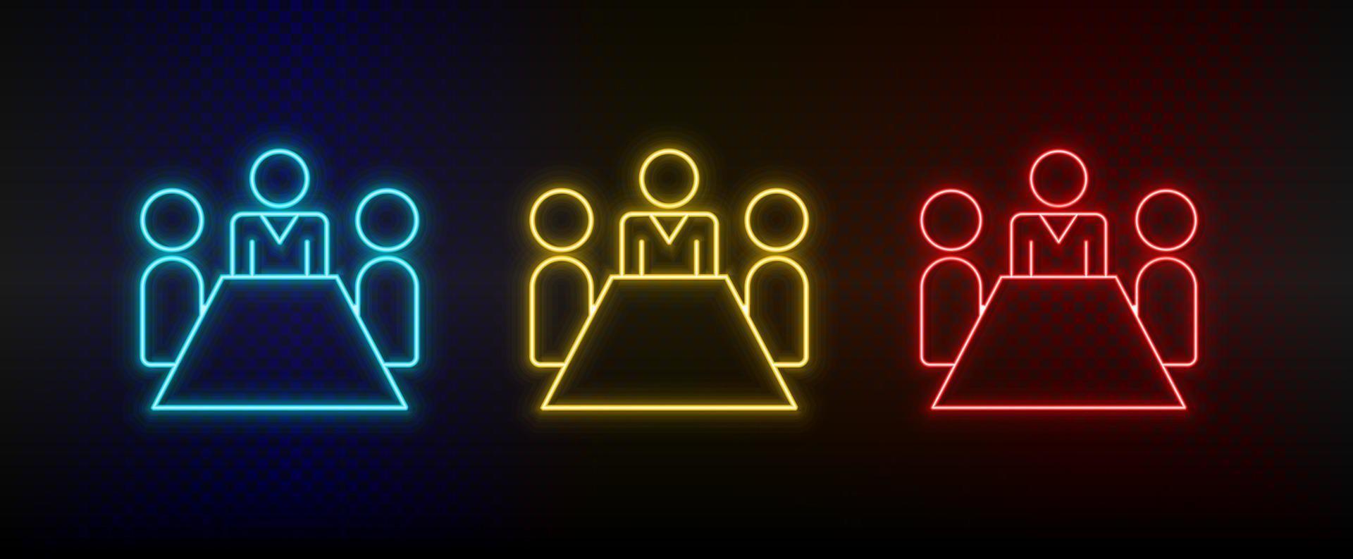 neon ikon uppsättning företag möte, konferens. uppsättning av röd, blå, gul neon vektor ikon på genomskinlighet mörk bakgrund