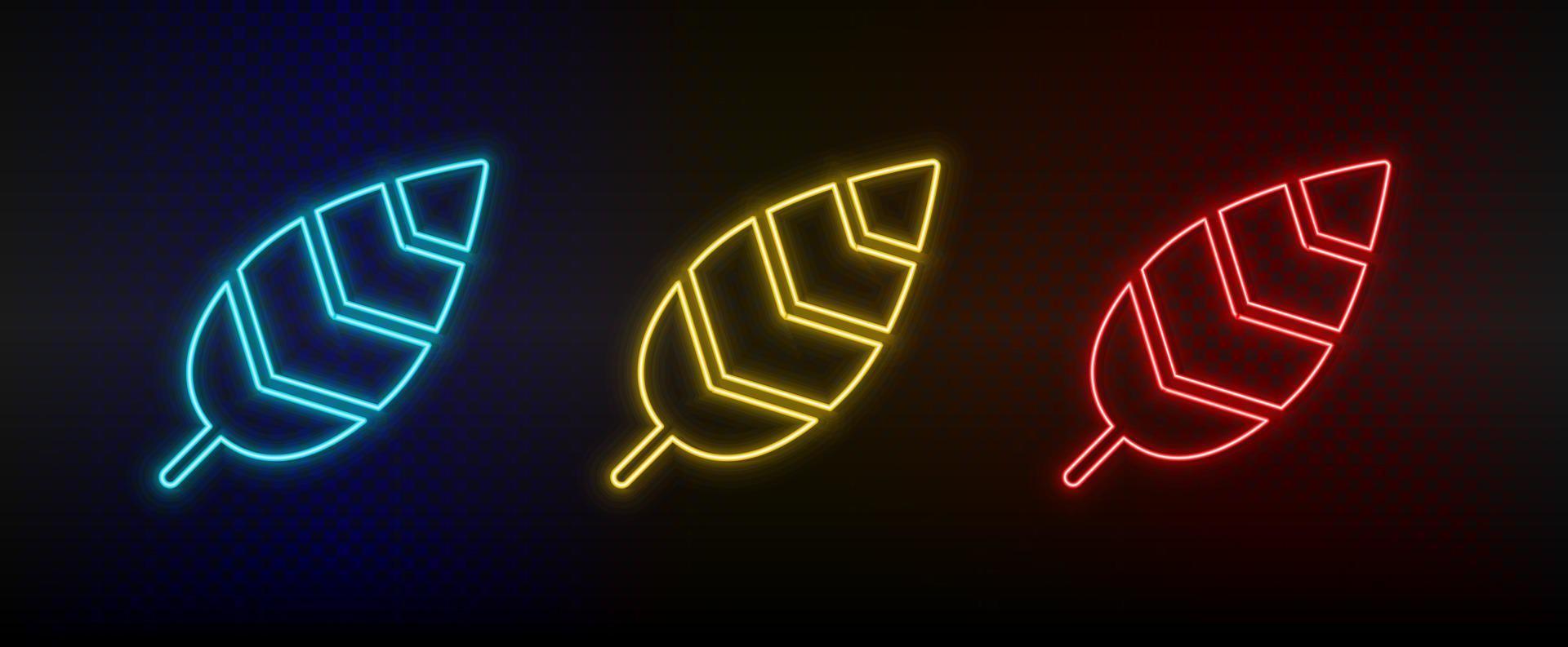 neon ikoner, fågel fjäder. uppsättning av röd, blå, gul neon vektor ikon på mörkna transparent bakgrund